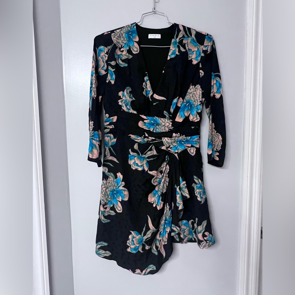 SANDRO Wrap- Draped Floral-Print Jacquard Mini Dress
